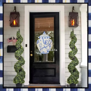 Ginger jar with blue toned flowers, fern and vines Door Hanger Spring Front Door happy spring front porch Chinoiserie