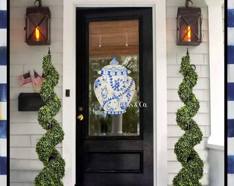 Ginger jar with blue toned flowers, fern and vines Door Hanger Spring Front Door happy spring front porch Chinoiserie