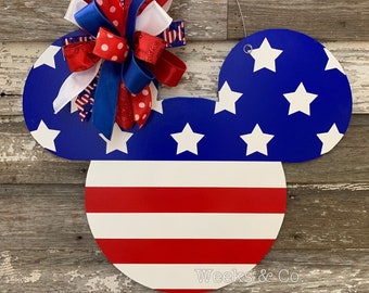 Disney Inspired Mickey Head Patriotic USA Th Fourth 4th of July Door Hanger Wall Hanging Front Door Mickey Red White Blue Flag
