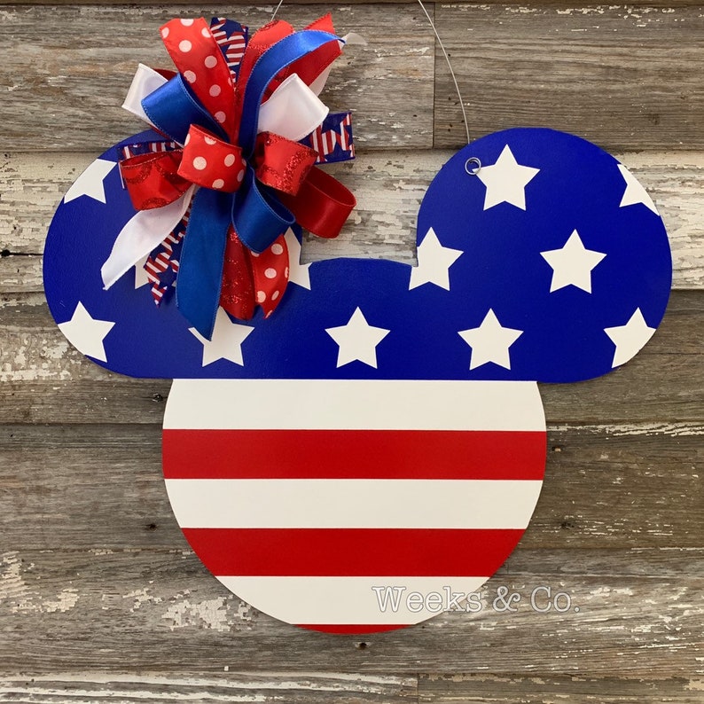 Disney Inspired Mickey Head Patriotic USA Th Fourth 4th of July Door Hanger Wall Hanging Front Door Mickey Red White Blue Flag image 1