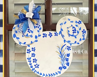 Chinoiserie inspired Mickey Mouse Front Door Front Porch Blue and white
