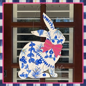 Bunny with blue toned flowers, fern and vines Pink Bow Door Hanger Spring Front Door Easter Bunny happy spring front porch Chinoiserie