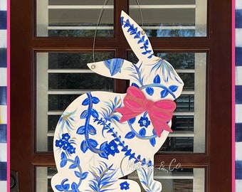 Bunny with blue toned flowers, fern and vines Pink Bow Door Hanger Spring Front Door Easter Bunny happy spring front porch Chinoiserie