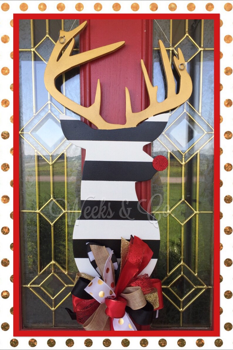 Black and White Holiday Deer with Gold Antlers and Red Glitter Nose Christmas Front Door image 1