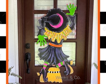 Funky Witch Crashing Front Porch Halloween Spooky Door hanger creepy good witch