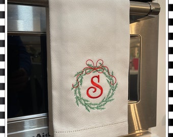 Embroidered Holiday wreath initial Guest Bathroom Tea Towel kitchen towel Christmas