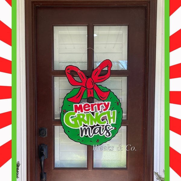 Grinch Inspired Merry Grinchmas wreath How the Grinch Stole Christmas Whoville front door front porch sign holiday decor