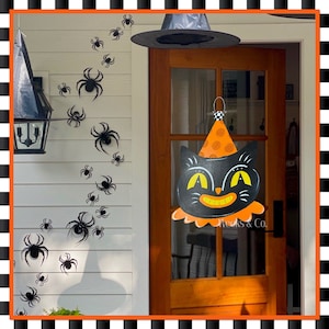 Retro Scaredy Cat Door Hanger Halloween Porch Decor Front Door