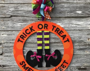 Trick or Treat Door Smell My Feet Witch Feet Halloween Front Door Hanger Black and White Spooky