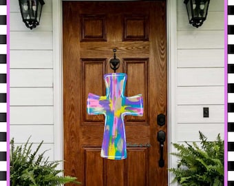 Stained Glass inspired Cross Door Hanger Front Door Happy Spring He is Risen