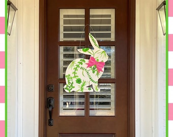 Bunny with green toned flowers, fern and vines Pink Bow Door Hanger Spring Front Door Easter Bunny happy spring front porch