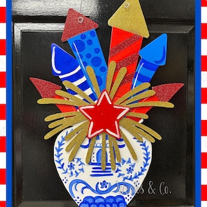 Fourth of July firecrackers in Ginger Jar Door Hanger Spring Front Door Memorial Day happy front porch Chinoiserie 4th of July