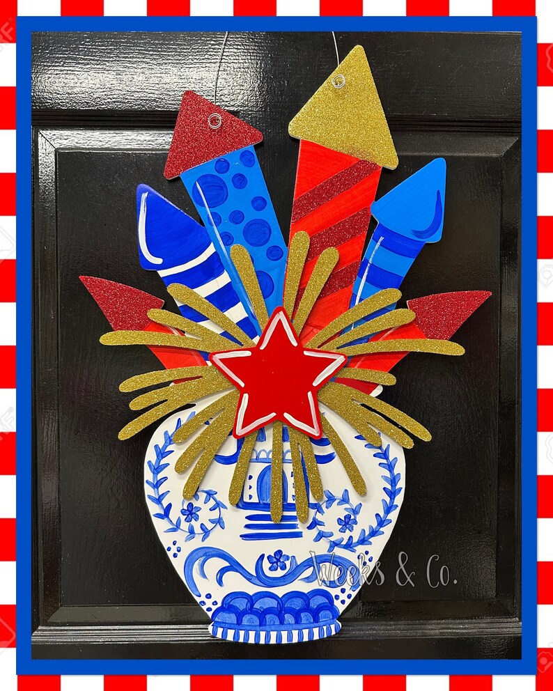 Fourth of July firecrackers in Ginger Jar Door Hanger Spring Front Door Memorial Day happy front porch Chinoiserie 4th of July image 1