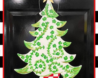 Chinoiserie Style Christmas tree green and white Door Hanger Porch Decor Front Door