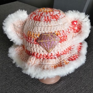 White Crochet Levity Bucket Hat with rainbow faux Fur Trim Levity Crochet Hat - Etsy main image 3