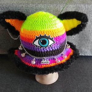 Clearance! Alleycvt Cat Ear Bucket Hat with charms  - Festival  Bucket Hat - Psychedelic Hat Trippy