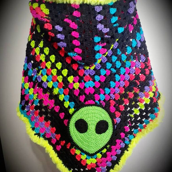 Sale Sale Sale - Psychedelic Alien Granny Square Crochet Shawl - Festival Wear - EDC - EDM - Raves - Winter Shawl - Trippy Clothing -