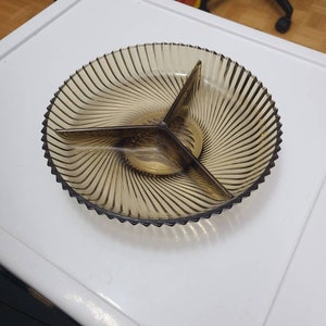 Vintage Veropa France Smoked Glass Serving Dish - Mid-Century Modern Swirl Design
