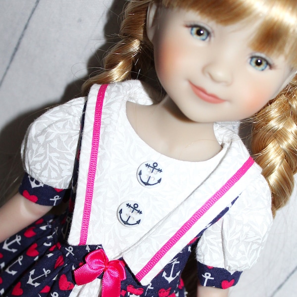 15 Inch Doll (like Ruby Red FF) Navy Blue Anchor & Pink Hearts Sailor Dress