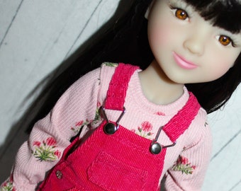 15 Inch Doll (like Ruby Red FF) Bright Pink Corduroy Overalls with Light Pink Floral Bodysuit