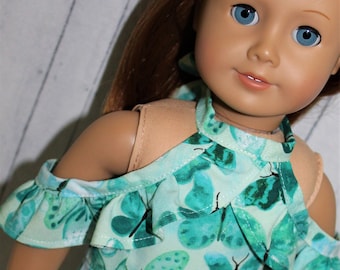 18 Inch Doll (like American  Girl)  Aqua Butterfly Print Cold Shoulder Halter Romper