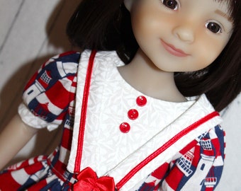 15 Inch Doll (like Ruby Red FF) Red, White & Blue Lighthouse Print Sailor Collar Dress