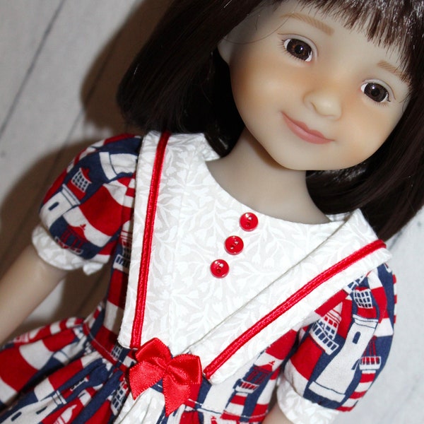 15 Inch Doll (like Ruby Red FF) Red, White & Blue Lighthouse Print Sailor Collar Dress