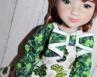 15 Inch Doll (like Ruby Red FF) Green Shamrock Print Long Sleeve Faux Bolero Bow Front Dress