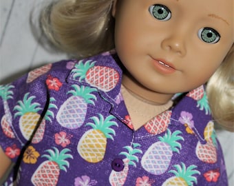 18 Inch Doll (like American Girl) Mint Green Stretch Denim Jean Skirt & Purple Pineapple Print Hawaiian Short Sleeve Shirt