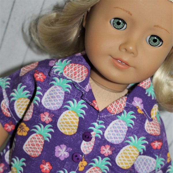 18 Inch Doll (like American Girl) Mint Green Stretch Denim Jean Skirt & Purple Pineapple Print Hawaiian Short Sleeve Shirt