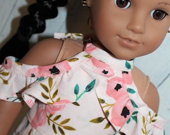 18 Inch Doll (like American  Girl)  Peach & Coral Floral Cold Shoulder Halter Romper