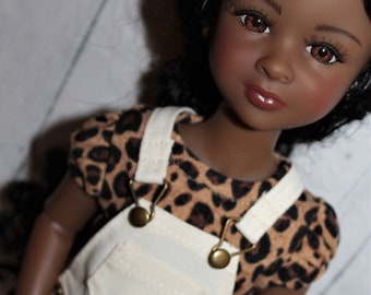 15 Inch Doll (like Ruby Red FF) Ivory Twill Overall Shorts with Brown Animal Print Puff Sleeve Shirt