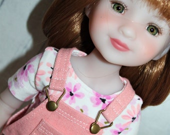 15 Inch Doll (like Ruby Red FF) Peachy Pink Denim Overall Shorts with Pink & White Floral Short Sleeve T-Shirt