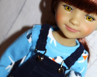 15 Inch Doll (like Ruby Red FF) Navy Blue Corduroy Overalls with Light Blue Dog Print Bodysuit