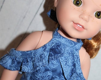 14.5 Inch Doll (like WellieWsher)  Blue & White Floral Batik Cold Shoulder Halter Romper