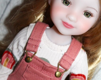 15 Inch  Doll (like Ruby Red FF) Dusty Rose Denim Overall Jumper, Ecru Rib Knit Rainbow Print Bodysuit