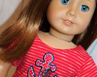 18 Inch Doll (like American Girl) Red & White Stripe Top with Anchor Applique and White Stretch Denim Jeans