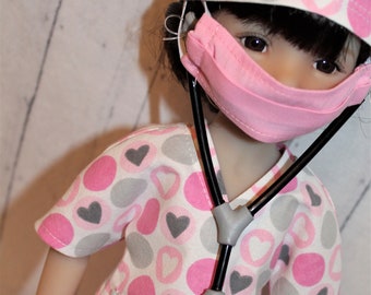 15 Inch Doll (like Ruby Red FF) Pastel Pink & Gray Heart Print Hospital Scrub Set with Stethoscope (5 piece set)