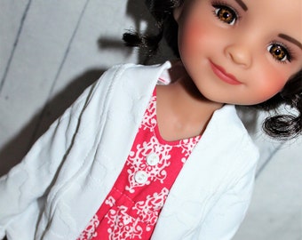 15 Inch Doll (like Ruby Red FF) Hot Pink & White Damask Print Sleeveless Dress with White Slouch Cardigan