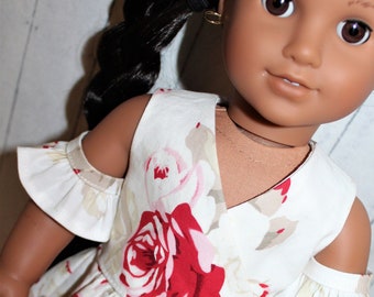 18 Inch Doll (like American Girl) Red, Taupe & White Rose Print Cold Shoulder Ruffled Faux Wrap Dress