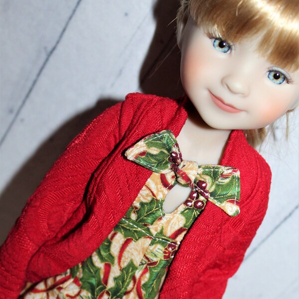 15 Inch Doll (like Ruby Red Fashion Friends) Red Cardigan, Holiday Holly & Ribbon Metallic Gold and Red Sleeveless Tie Front Dress