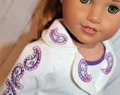 18 Inch Doll (like American Girl) White Denim Jacket with Purple Paisley Embroidery, Purple Paisley Skirt, and White Tank Top