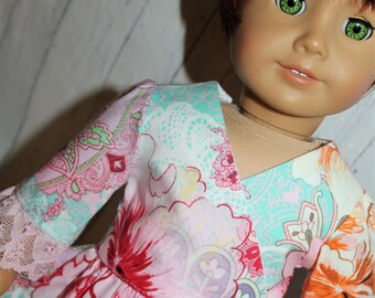 18 Inch Doll (like American Girl) Pastel Aqua, Pink & White Large Floral Long Sleeve Ruffled Lace Faux Wrap Dress