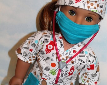 18 Inch Doll (like American Girl) White & Teal Dog Print Scrubs with Stethoscope (5 piece set)