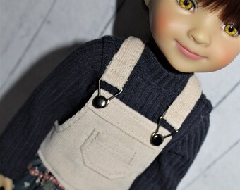 15 Inch Doll (like Ruby Red FF) Tan Corduroy Overall Jumper with Floral Patchwork Skirt & Navy Turtleneck