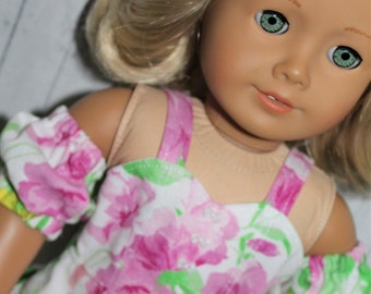 18 Inch Doll (like American Girl) Pink & Yellow Rose Floral Print Ruffle and Lace Dress