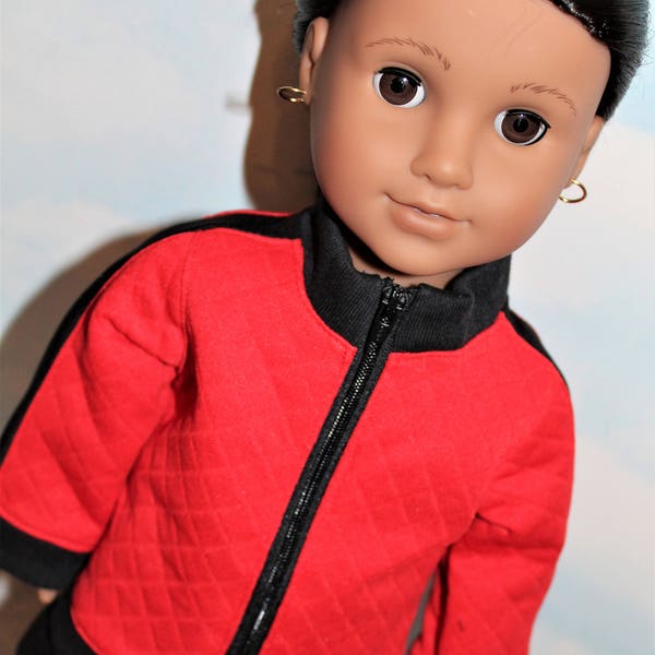 18 Inch Doll (like American Girl) Red & Black Side Stripe Sporty Zip Front Track Suit