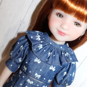 15 Inch Doll (like Ruby Red FF) Dark Denim Bow Print Ruffled Top and Pleated Skirt