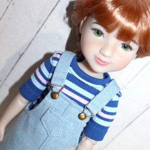 15 Inch Doll (like Ruby Red FF) Light Wash Denim Overall Jumper, Blue & Pink Stripe T-shirt