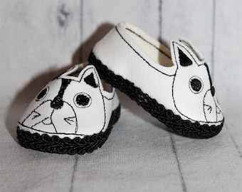 18 Inch Doll (like American Girl) White & Black Dog Face Slip On Shoes with Black Triim